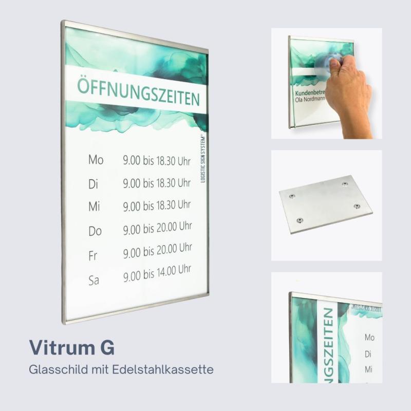 Tuerschild Vitrum G aus Glas und Edelstahl DIN A4